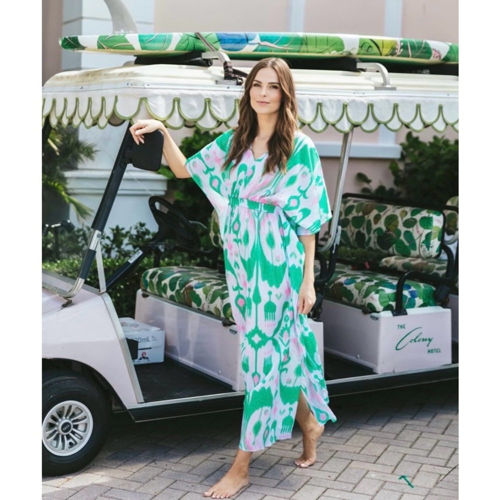 Green and White Ikat Maxi Dress - Relaxed Caftan Style